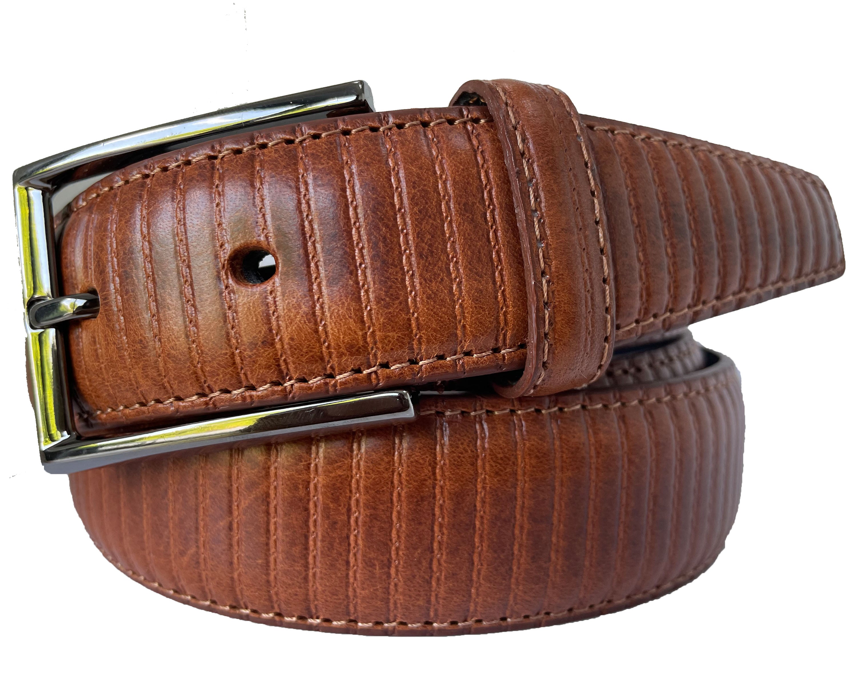TAN STRIPE EMBOSSED STRUCTURED CALF LEATHER 35MM LEATHER BELT