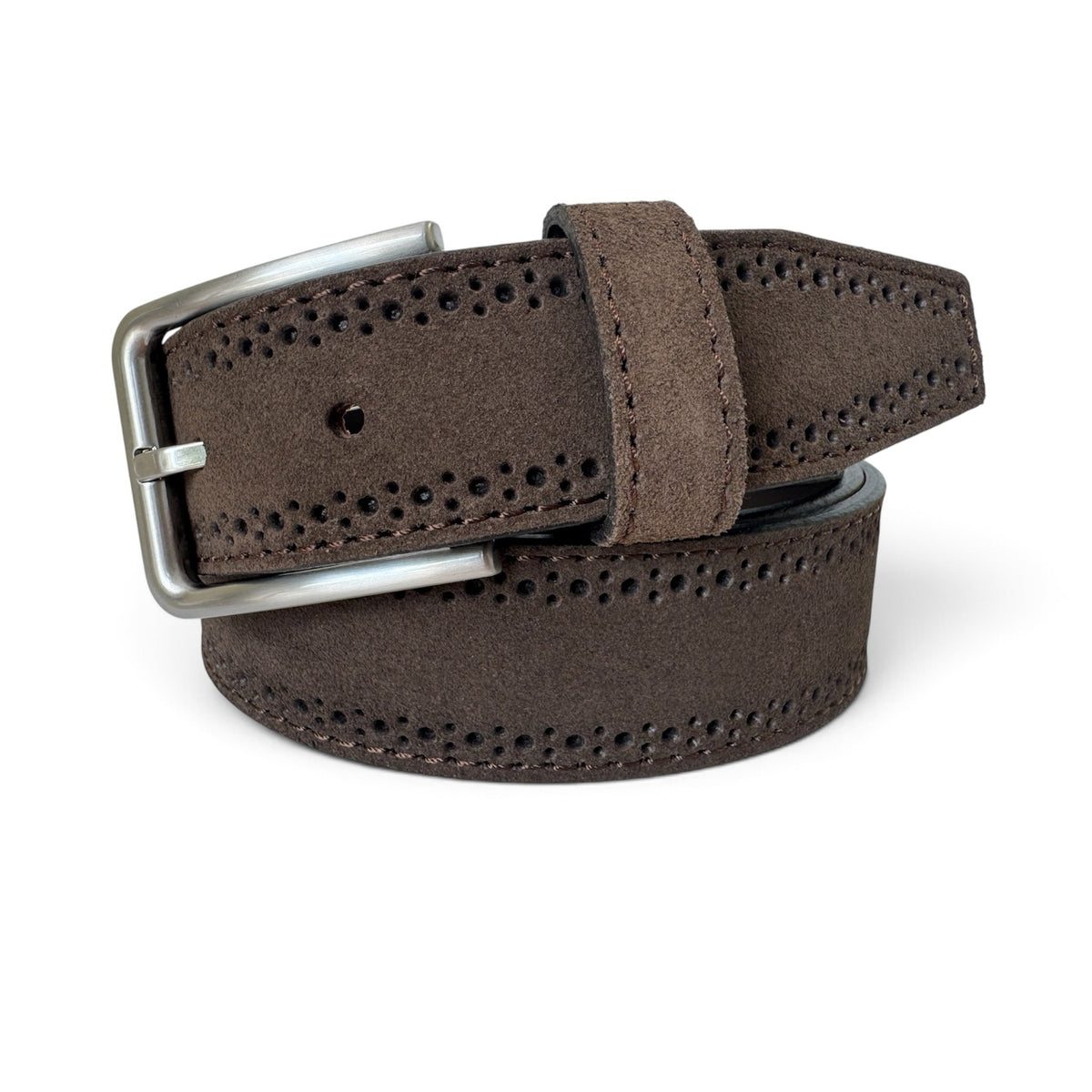 Brown 35mm Italian Suede Belt Brogue Detailing