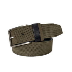 PERFORATED OLIVE GREEN SUEDE BELT CONTRAST LEATHER LOOP 35MM