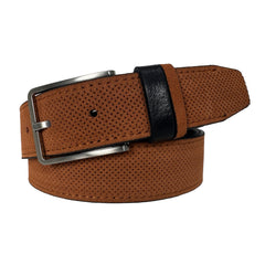 PERFORATED TAN SUEDE BELT CONTRAST LEATHER LOOP 35MM