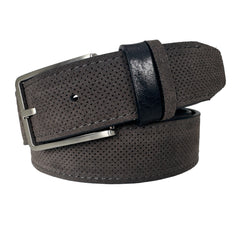 PERFORATED DARK GREY SUEDE BELT CONTRAST LEATHER LOOP 35MM