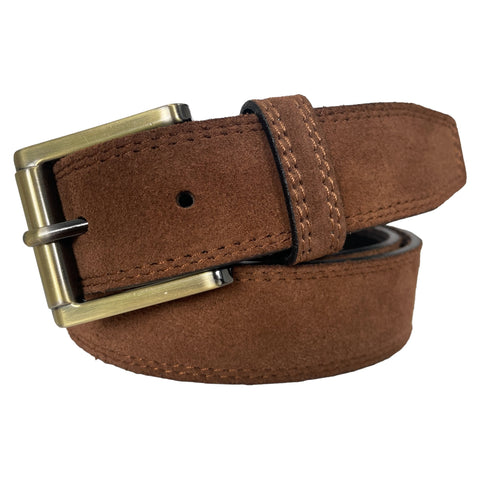 BROWN SUEDE BELT BRASS AND GUN METAL TWO TONE BUCKLE