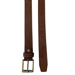 BROWN SUEDE BELT BRASS AND GUN METAL TWO TONE BUCKLE