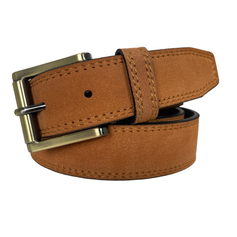 TAN SUEDE BELT BRASS AND GUN METAL TWO TONE BUCKLE