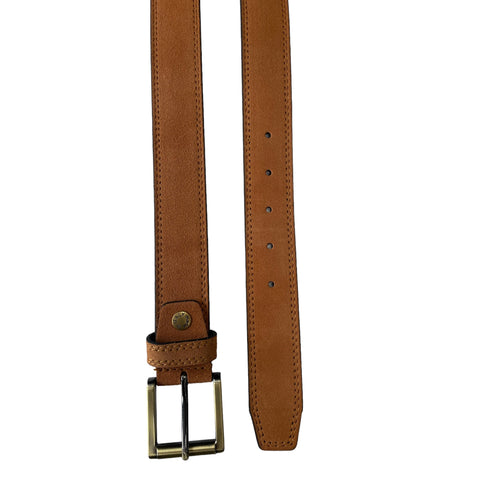 TAN SUEDE BELT BRASS AND GUN METAL TWO TONE BUCKLE