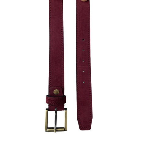 BURGUNDY SUEDE BELT BRASS AND GUN METAL TWO TONE BUCKLE