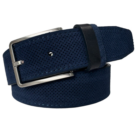 PERFORATED BLUE SUEDE BELT CONTRAST LEATHER LOOP 35MM