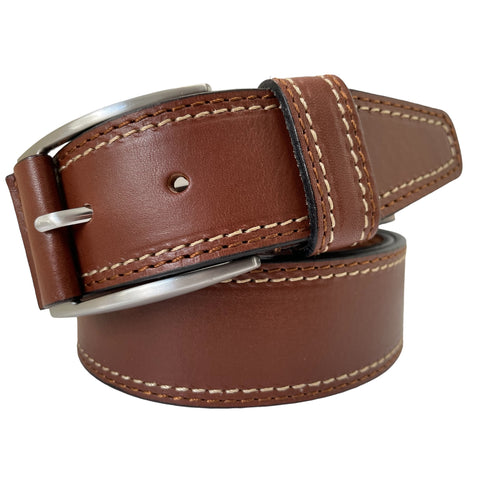 TAN 40MM CONTRAST DOUBLE STITCHED HIDE LEATHER BELT