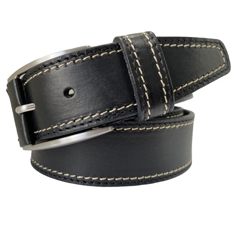 BLACK 40MM CONTRAST DOUBLE STITCHED HIDE LEATHER BELT