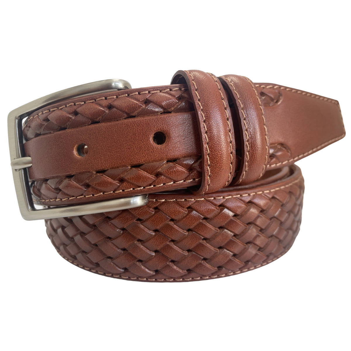 Cognac Tan 35mm Italian Calf Leather Belt Woven Finish