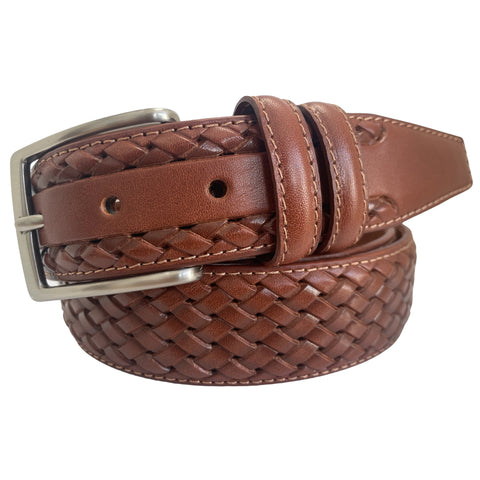 COGNAC TAN CALF LEATHER BRAID WEAVE EMBOSSED 35MM LEATHER BELT