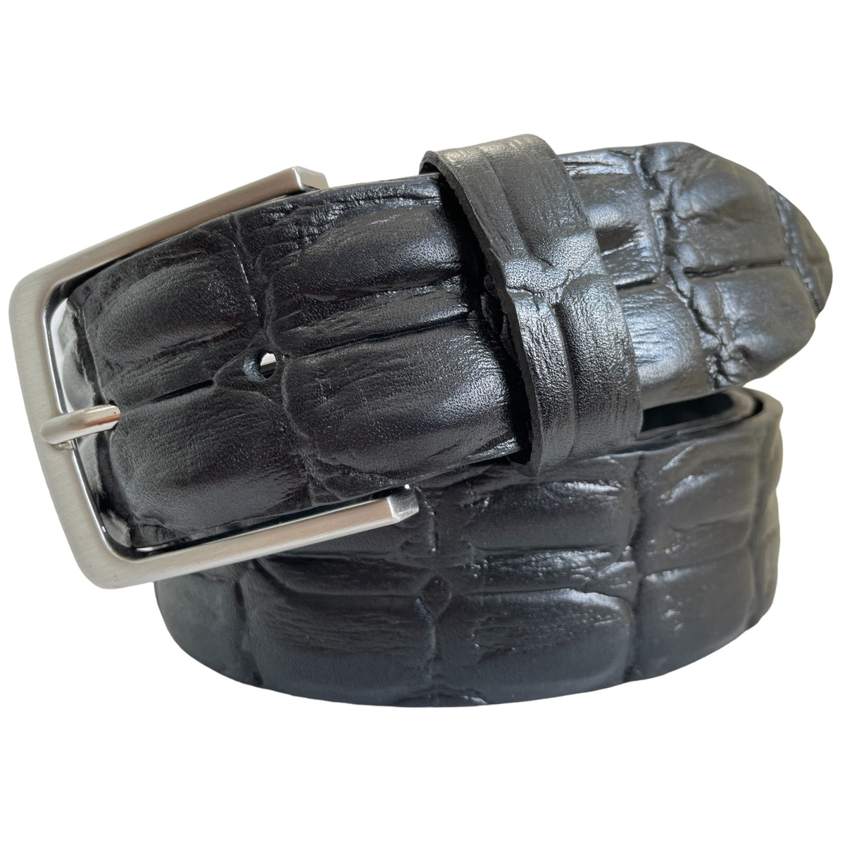 Black 40mm Italian Leather Belt Crocodile Print