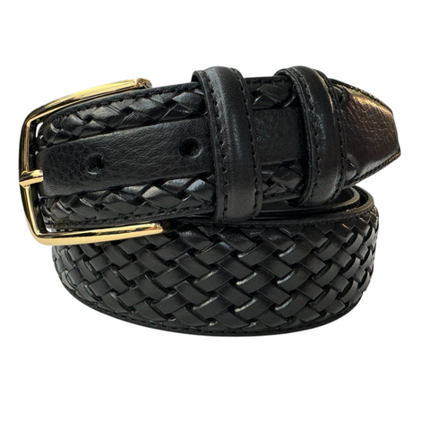 BLACK CALF LEATHER BRAID EMBOSSED 35MM LEATHER BELT GOLD BUCKLE