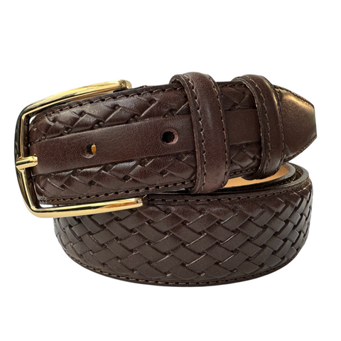 BROWN CALF LEATHER BRAID EMBOSSED 35MM LEATHER BELT GOLD BUCKLE