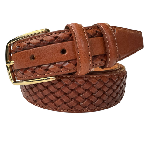 COGNAC TAN CALF LEATHER BRAID EMBOSSED 35MM LEATHER BELT GOLD BUCKLE