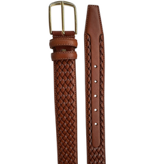 COGNAC TAN CALF LEATHER BRAID EMBOSSED 35MM LEATHER BELT GOLD BUCKLE