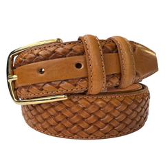 HONEY TAN CALF LEATHER BRAID EMBOSSED 35MM LEATHER BELT GOLD BUCKLE