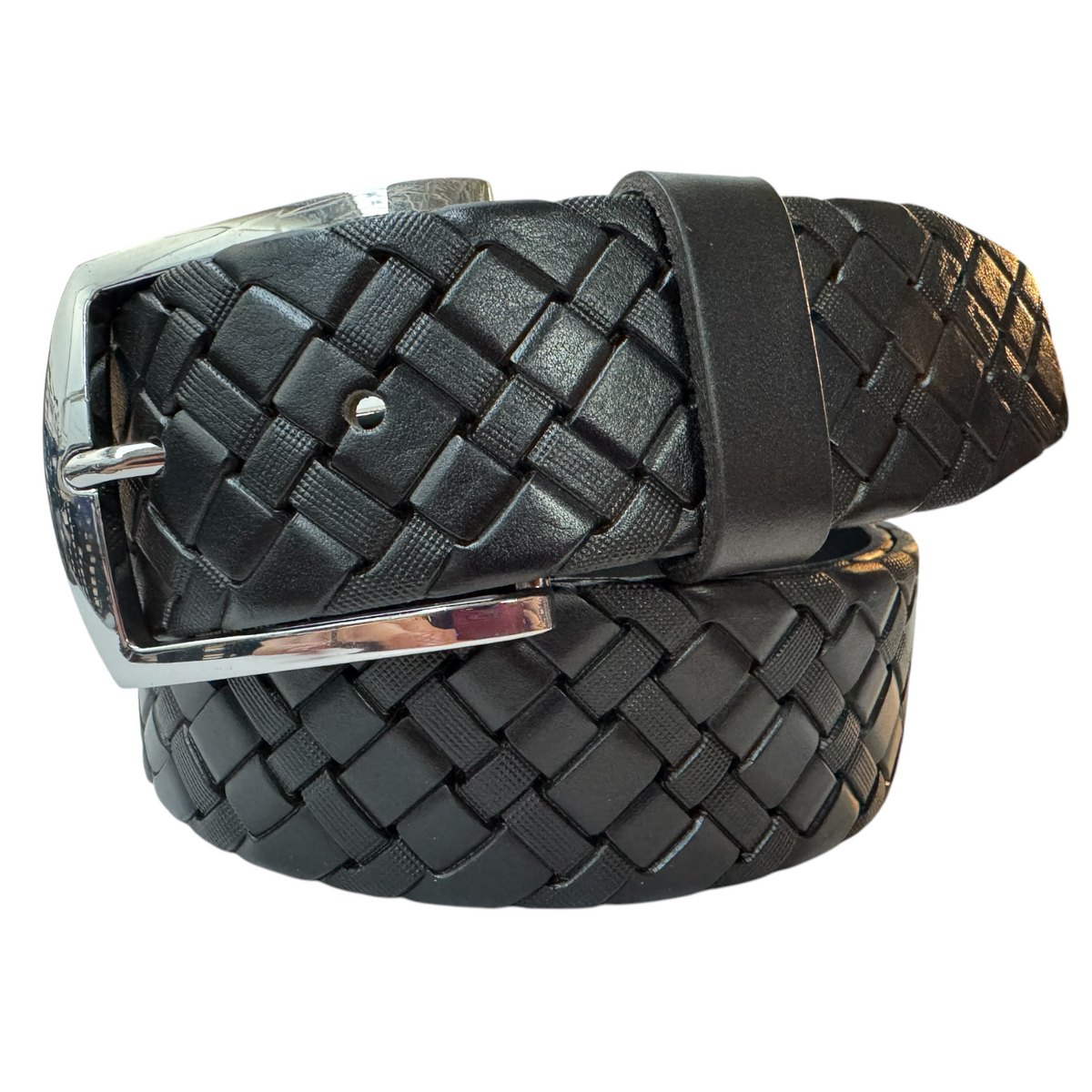 Black 40mm Italian Leather Belt Woven Finish
