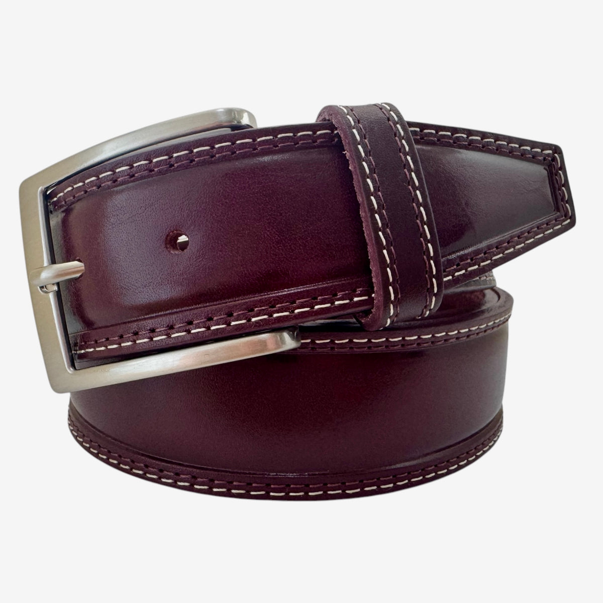 BURGUNDY DOUBLE STITCHED LEATHER BELT