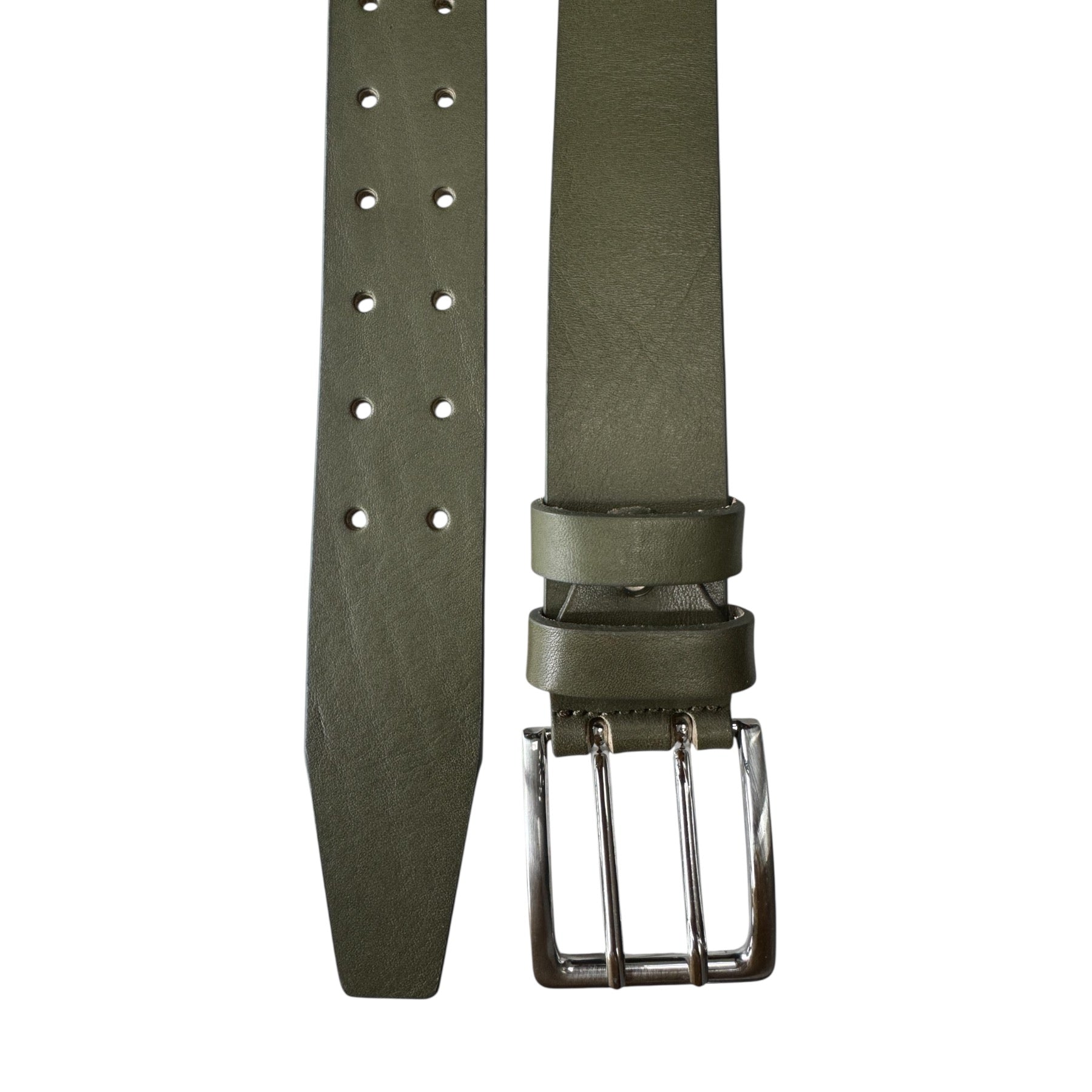 OLIVE GREEN DOUBLE PRONG 40MM HIDE LEATHER BELT