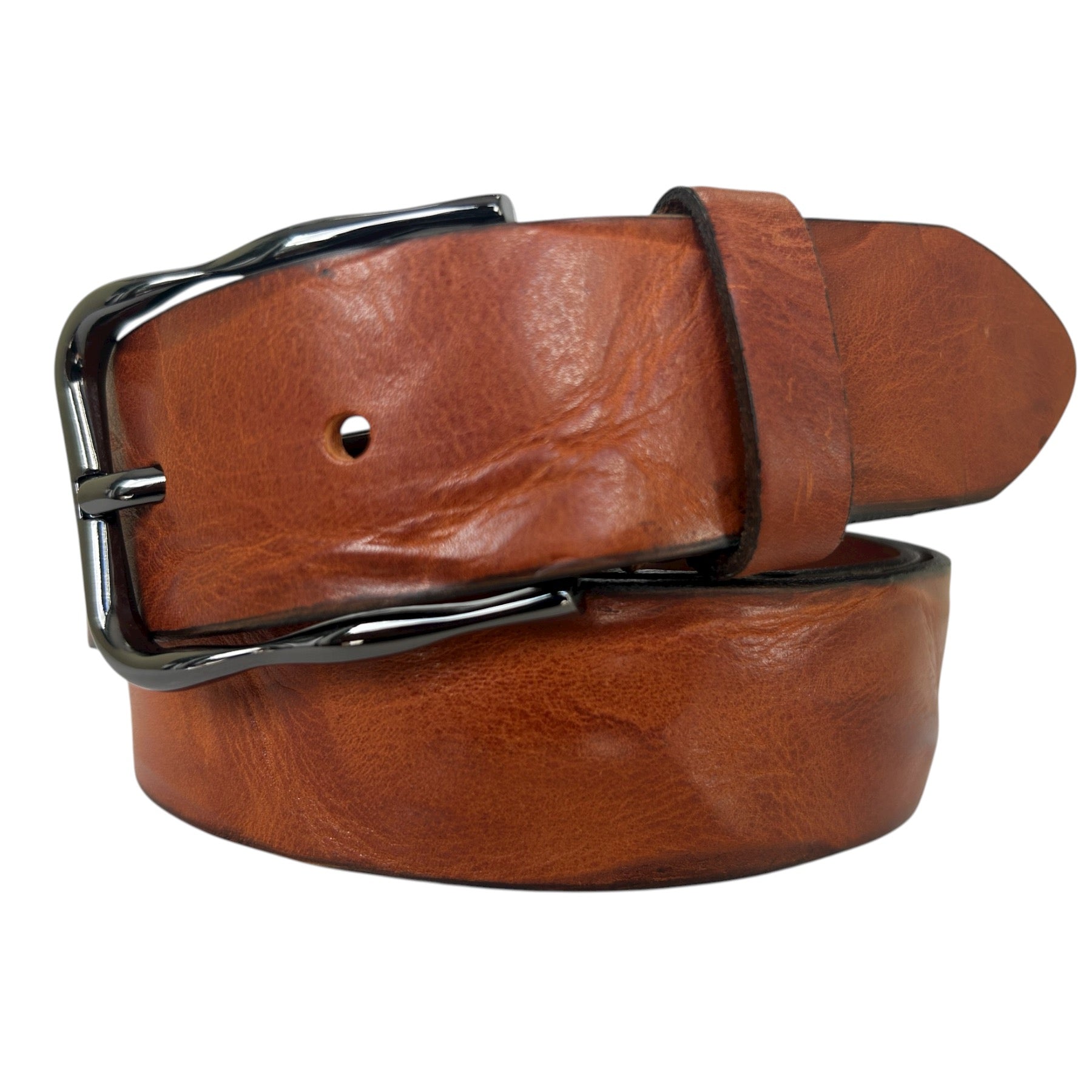 TAN DISTRESSED HIDE WITH GUN METAL BUCKLE 35MM LEATHER BELT