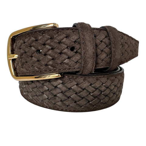 BROWN BRAID EMBOSSED SUEDE BELT 35MM GOLD BUCKLE