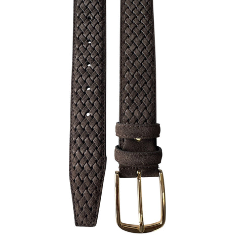 BROWN BRAID EMBOSSED SUEDE BELT 35MM GOLD BUCKLE