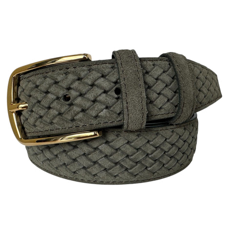OLIVE GREEN BRAID EMBOSSED SUEDE BELT 35MM GOLD BUCKLE