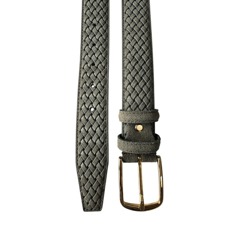 OLIVE GREEN BRAID EMBOSSED SUEDE BELT 35MM GOLD BUCKLE