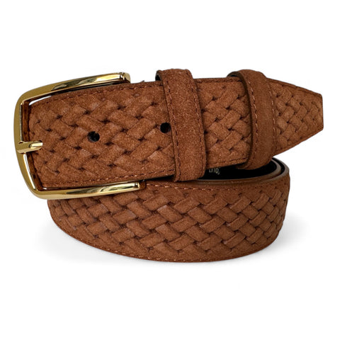 TAN BRAID EMBOSSED SUEDE BELT 35MM GOLD BUCKLE