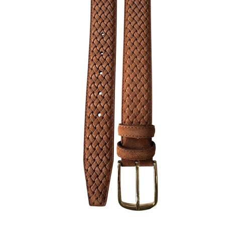 TAN BRAID EMBOSSED SUEDE BELT 35MM GOLD BUCKLE