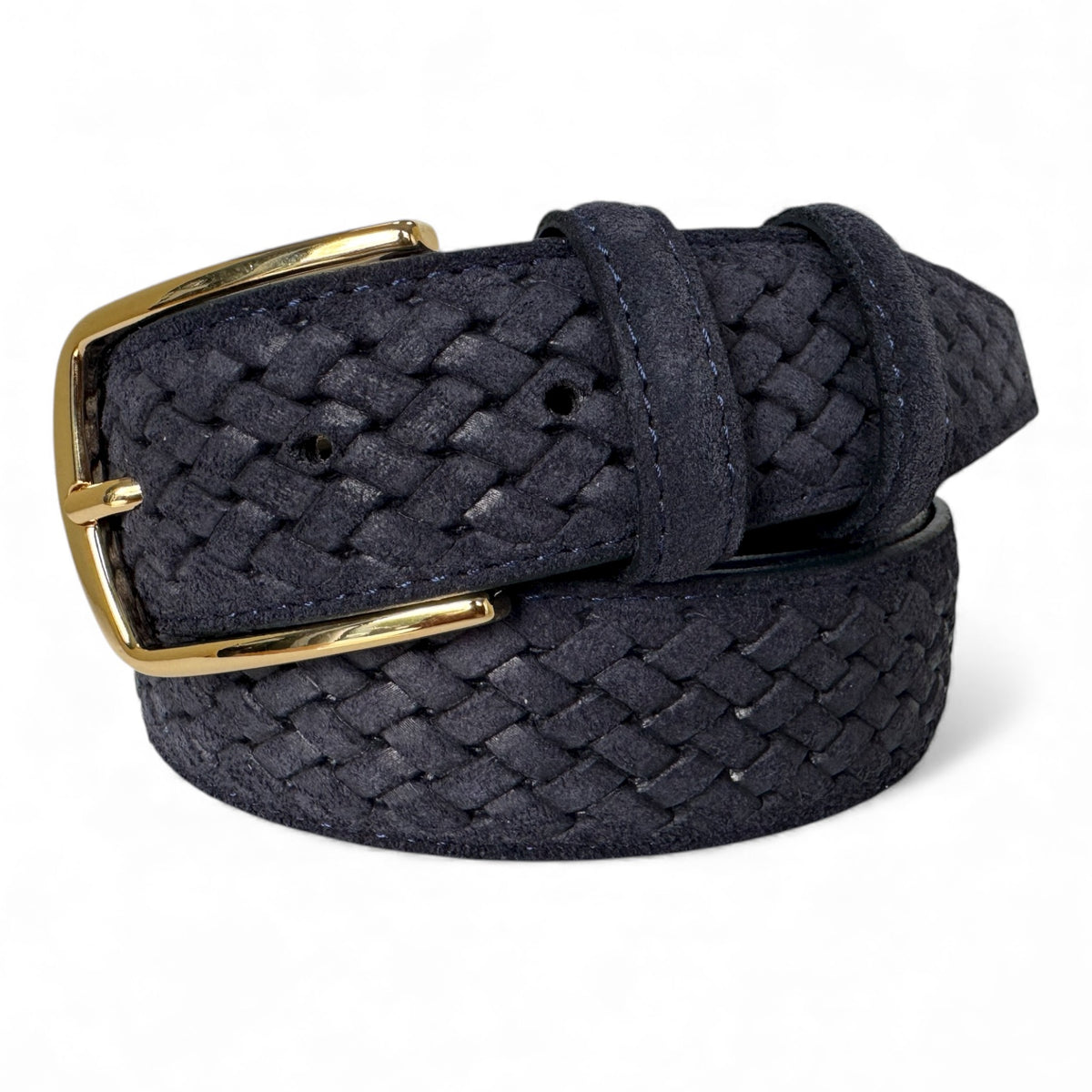 Blue 35mm Italian Suede Belt with gold buckle Woven Finish