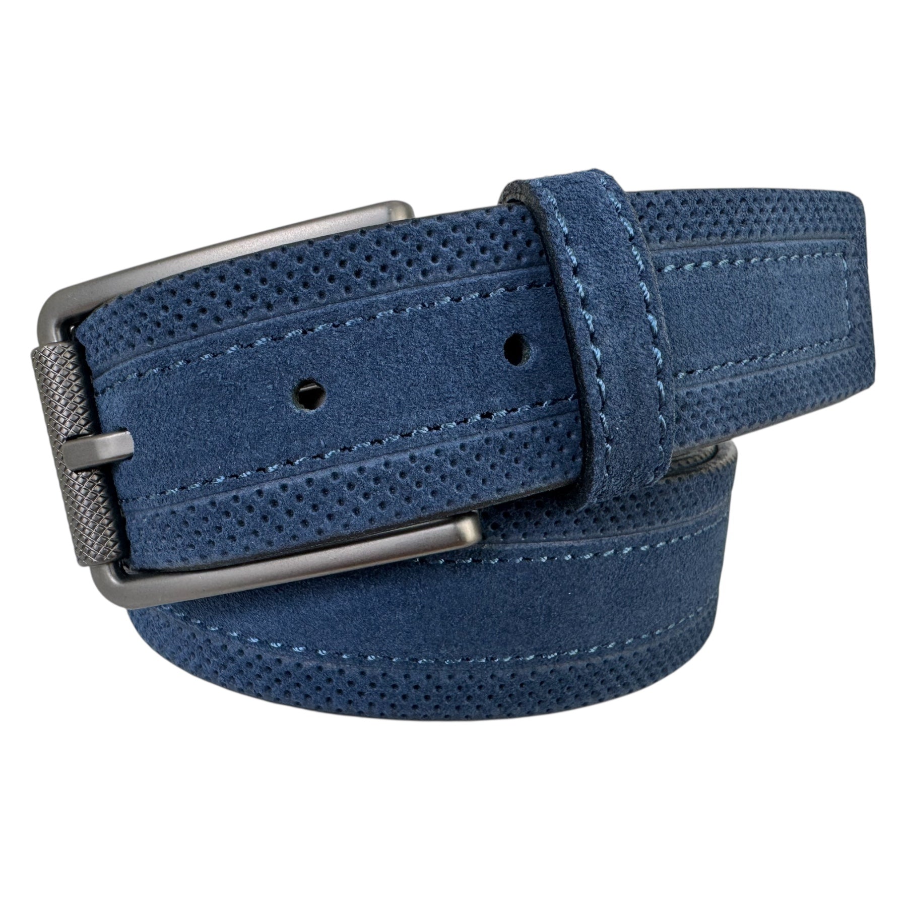 PERFORATED BLUE SUEDE BELT GUN METAL BUCKLE 35MM