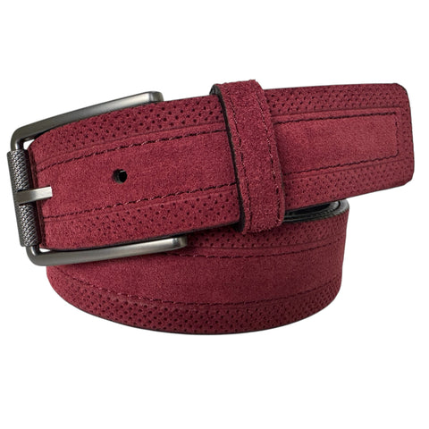 PERFORATED BURGUNDY SUEDE BELT GUN METAL BUCKLE 35MM