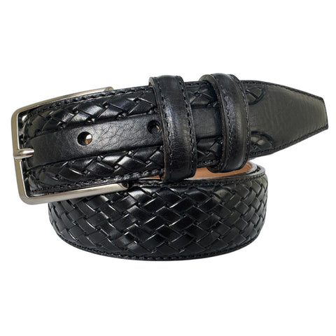 BLACK LEATHER BRAID EMBOSSED 35MM LEATHER BELT