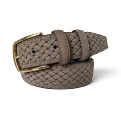 WARM DARK BEIGE BRAID EMBOSSED SUEDE BELT 35MM GOLD BUCKLE