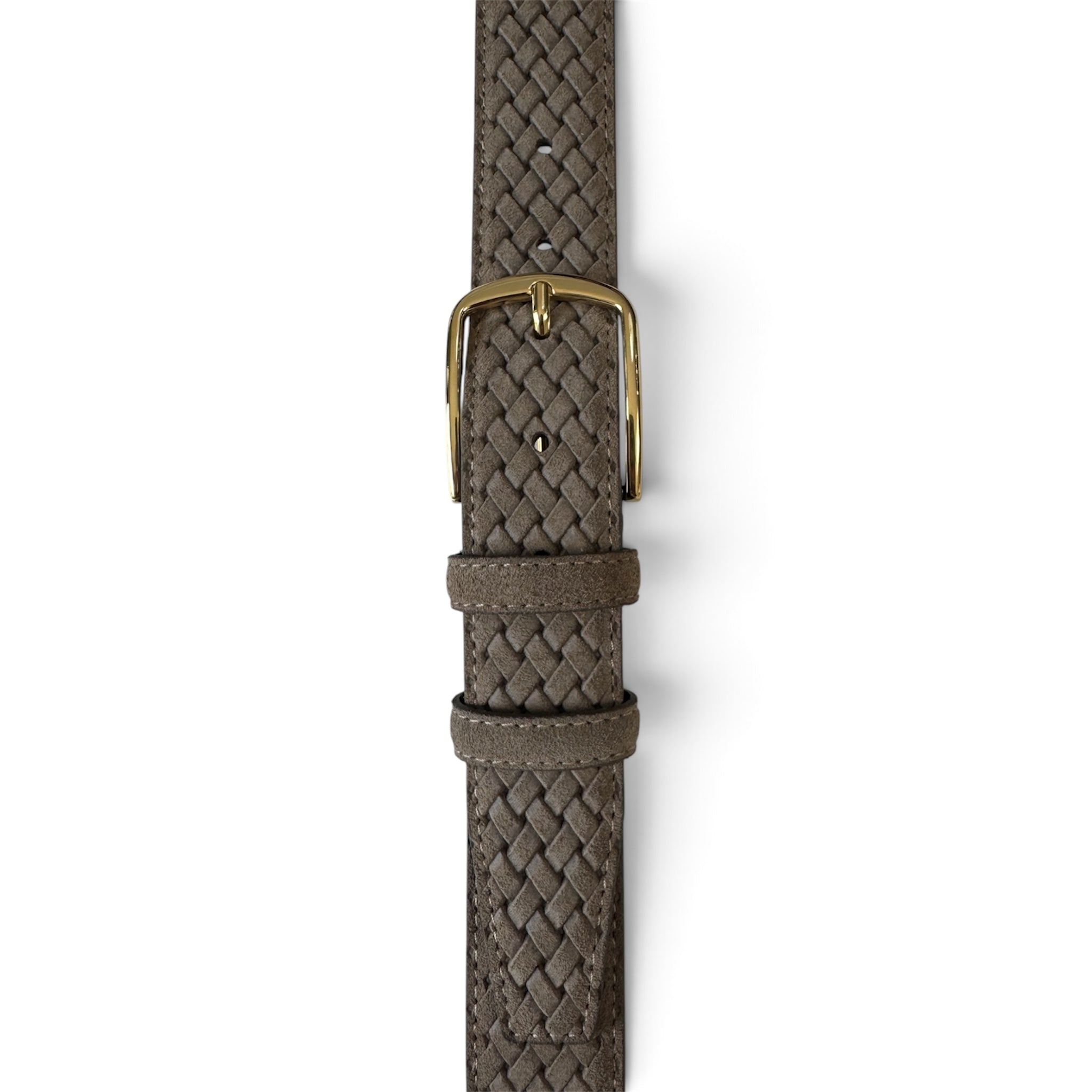 WARM DARK BEIGE BRAID EMBOSSED SUEDE BELT 35MM GOLD BUCKLE