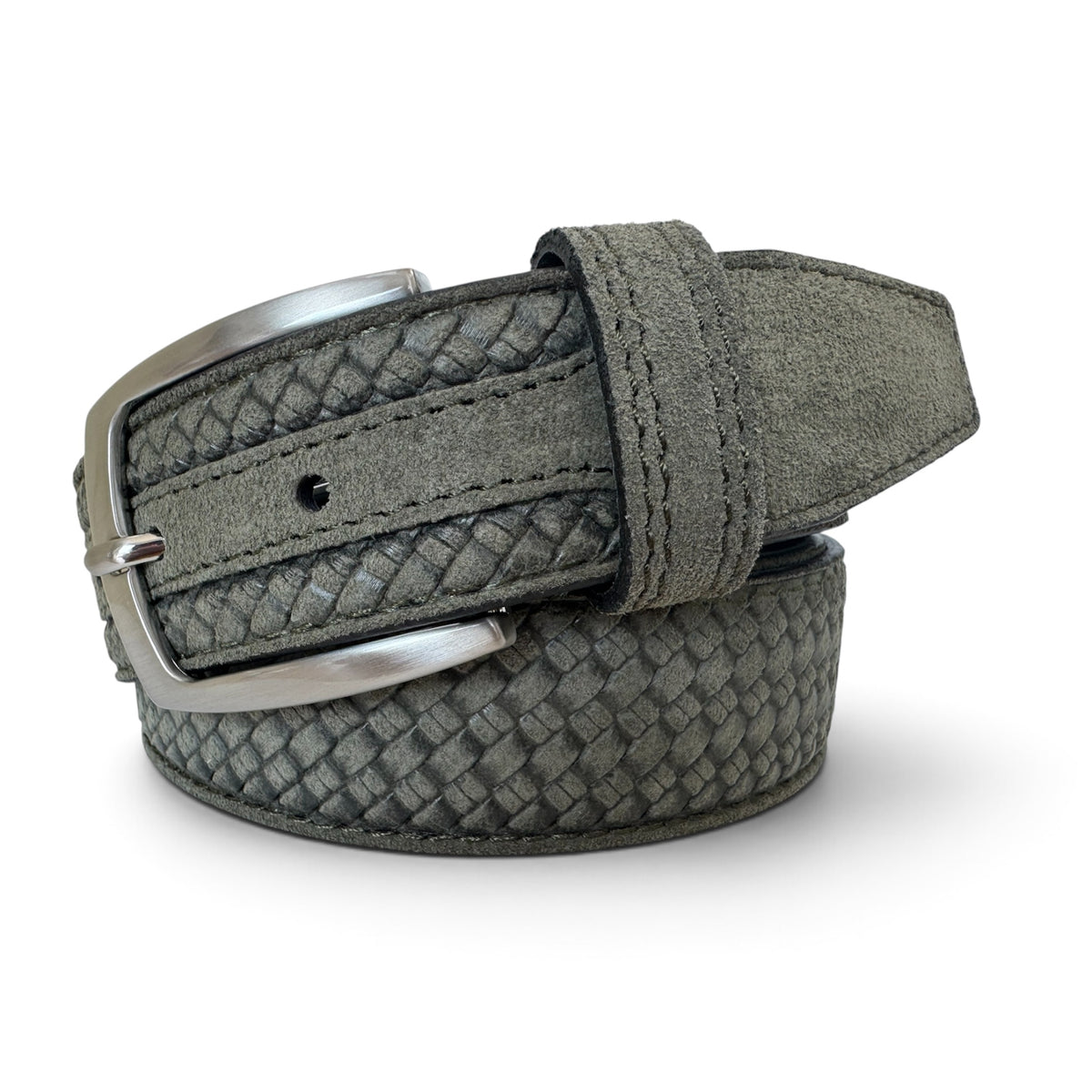 Olive Green 35mm Italian Suede Belt Woven Finish
