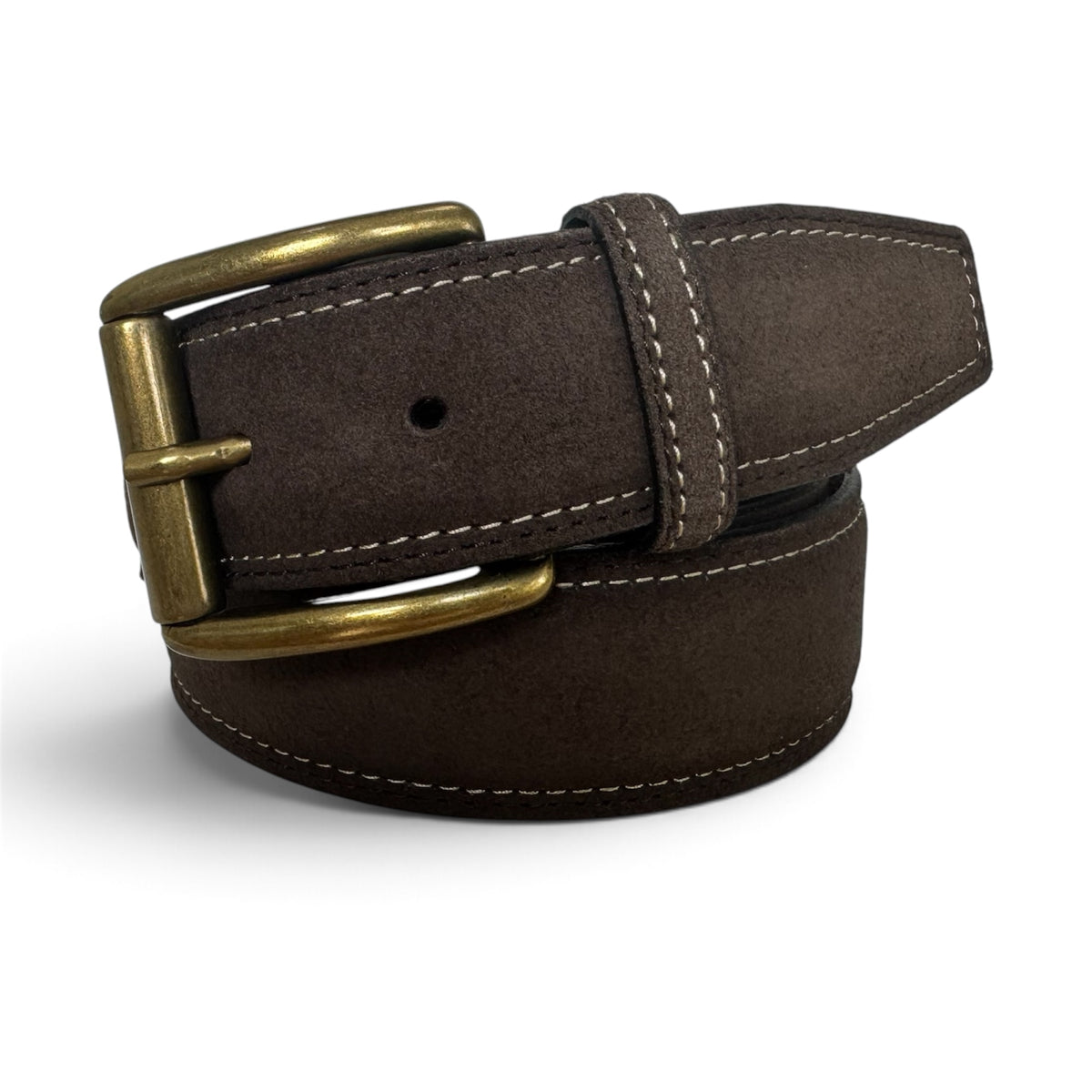 ITALIAN SUEDE BELT – BROWN – CONTRAST STITCH – BRASS BUCKLE – 40MM