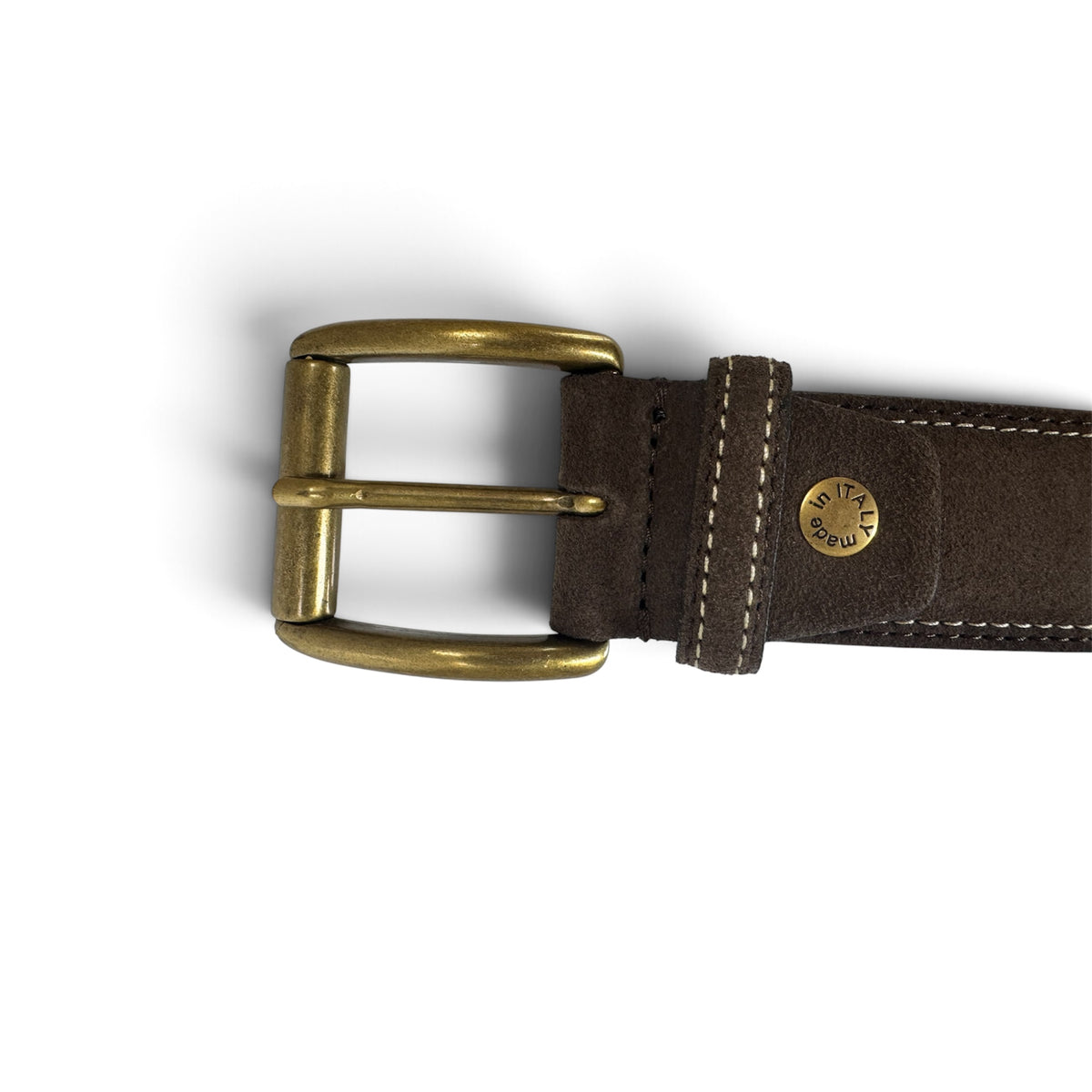ITALIAN SUEDE BELT – BROWN – CONTRAST STITCH – BRASS BUCKLE – 40MM