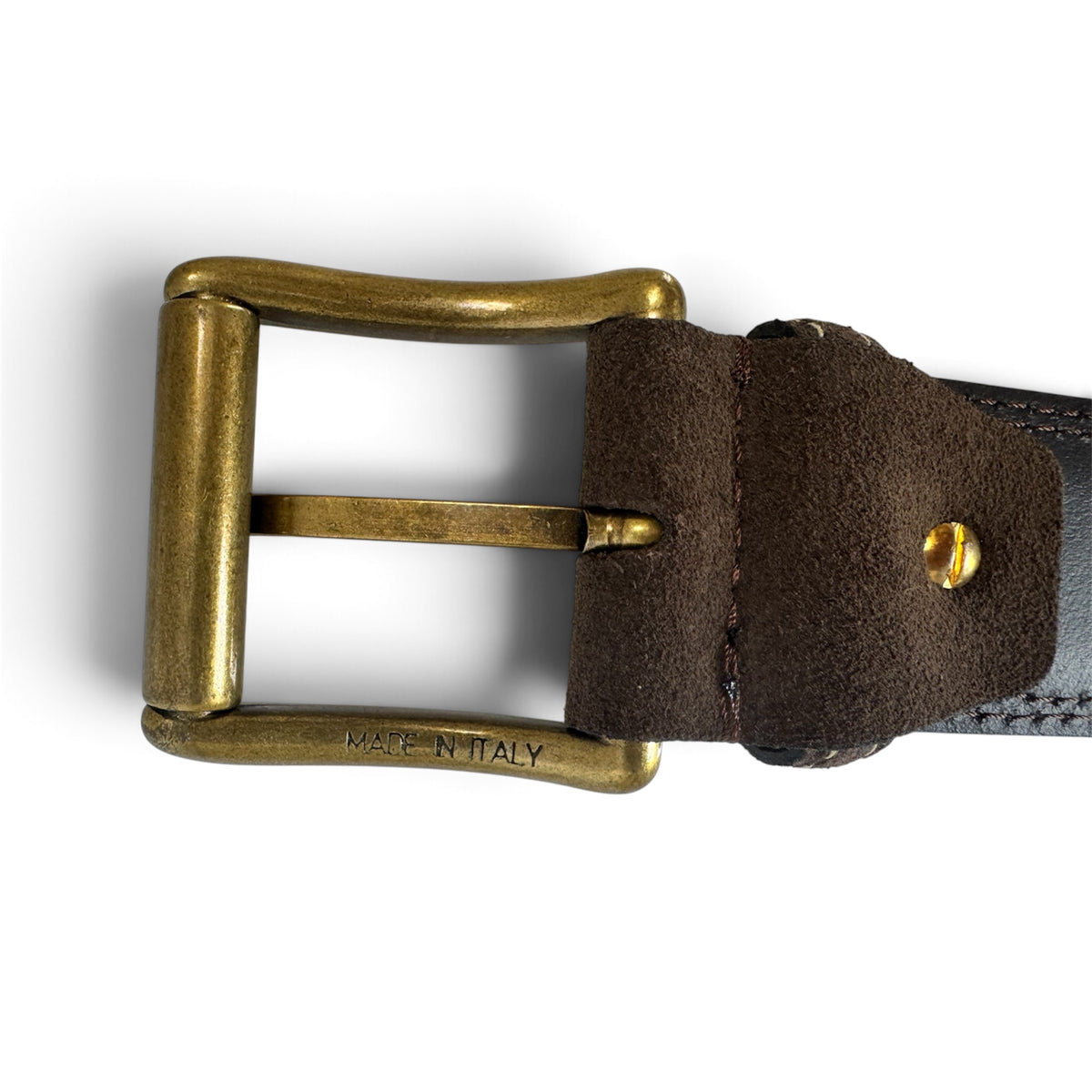 ITALIAN SUEDE BELT – BROWN – CONTRAST STITCH – BRASS BUCKLE – 40MM