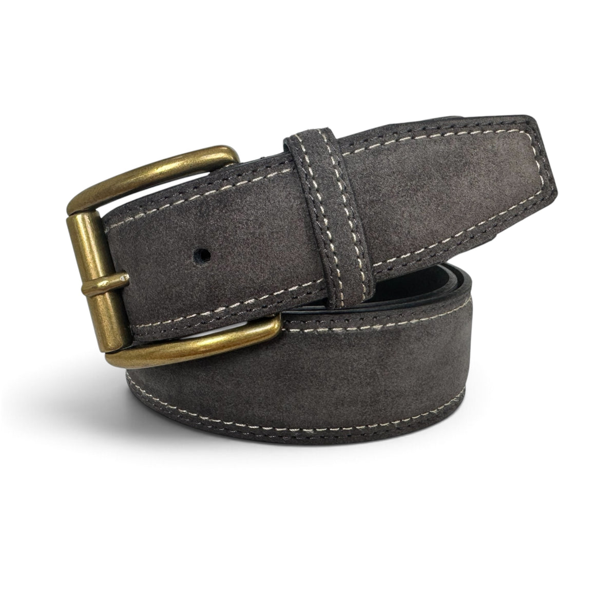 ITALIAN SUEDE BELT – CHARCOAL GREY – CONTRAST STITCH – BRASS BUCKLE – 40MM