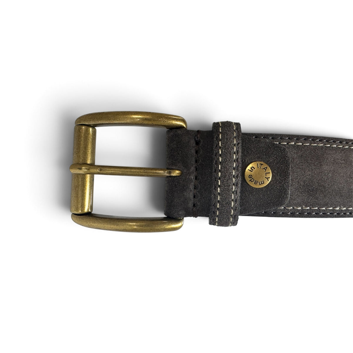 ITALIAN SUEDE BELT – CHARCOAL GREY – CONTRAST STITCH – BRASS BUCKLE – 40MM