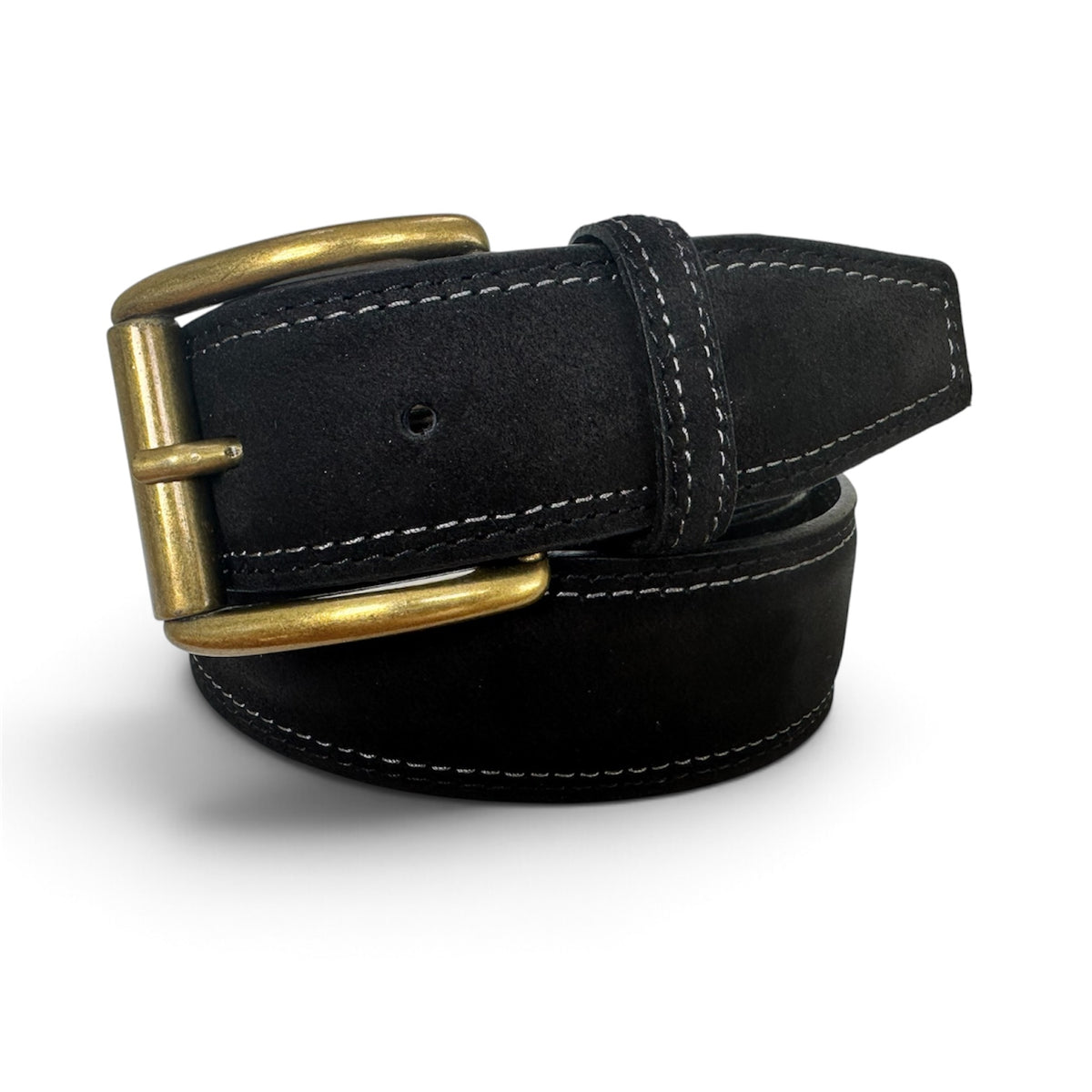 ITALIAN SUEDE BELT – BLACK – CONTRAST STITCH – BRASS BUCKLE – 40MM