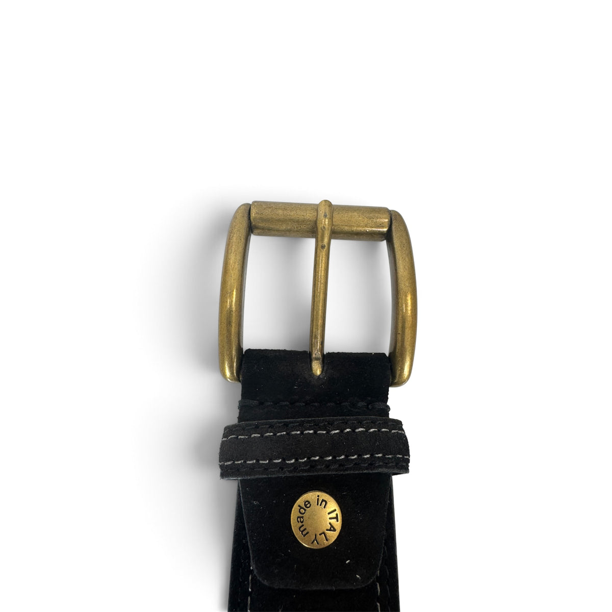 ITALIAN SUEDE BELT – BLACK – CONTRAST STITCH – BRASS BUCKLE – 40MM