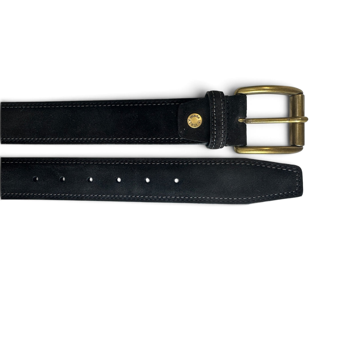 ITALIAN SUEDE BELT – BLACK – CONTRAST STITCH – BRASS BUCKLE – 40MM