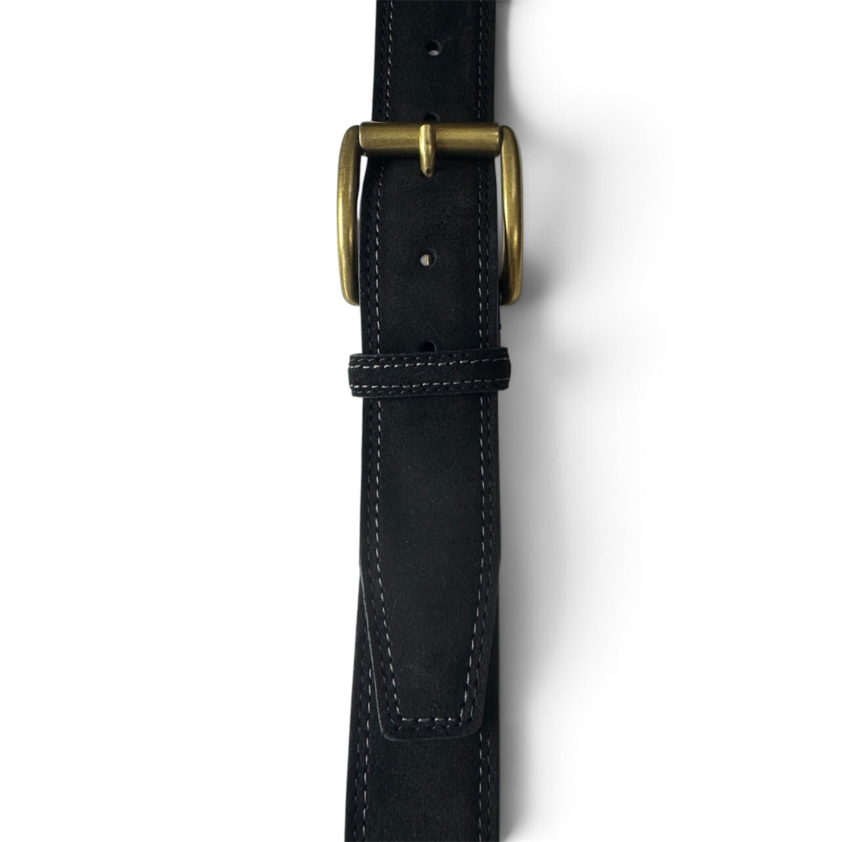ITALIAN SUEDE BELT – BLACK – CONTRAST STITCH – BRASS BUCKLE – 40MM