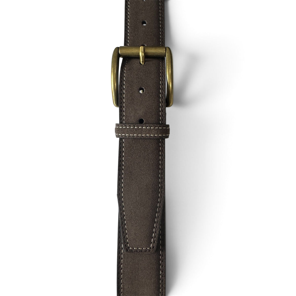 ITALIAN SUEDE BELT – BROWN – CONTRAST STITCH – BRASS BUCKLE – 40MM