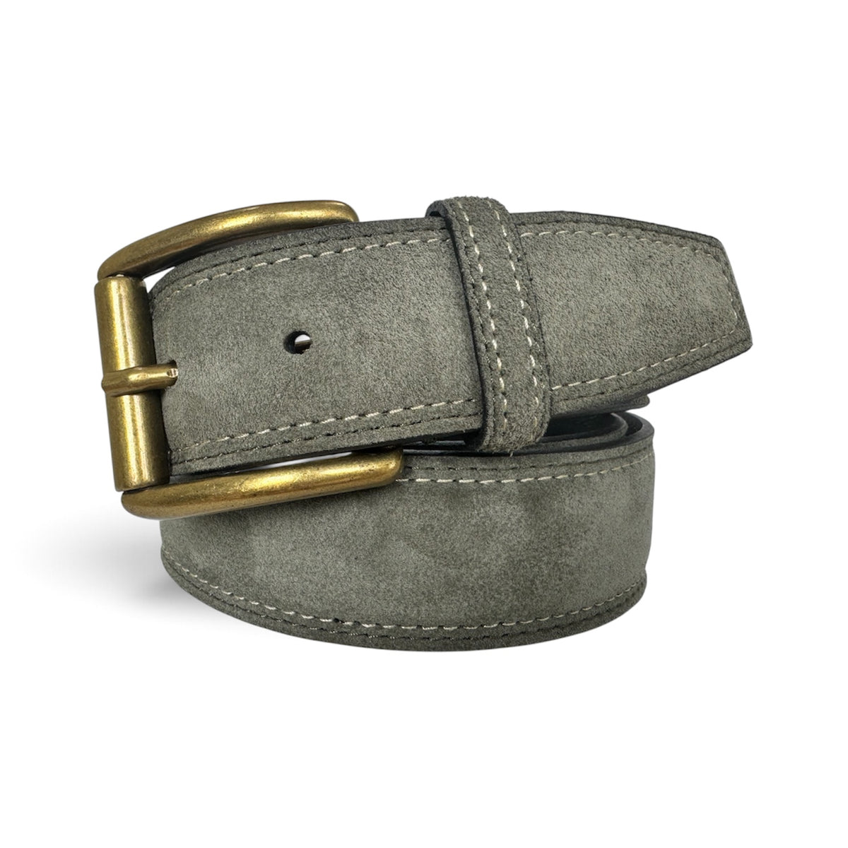 ITALIAN SUEDE BELT – SOFT OLIVE – CONTRAST STITCH – BRASS BUCKLE – 40MM (Copy)