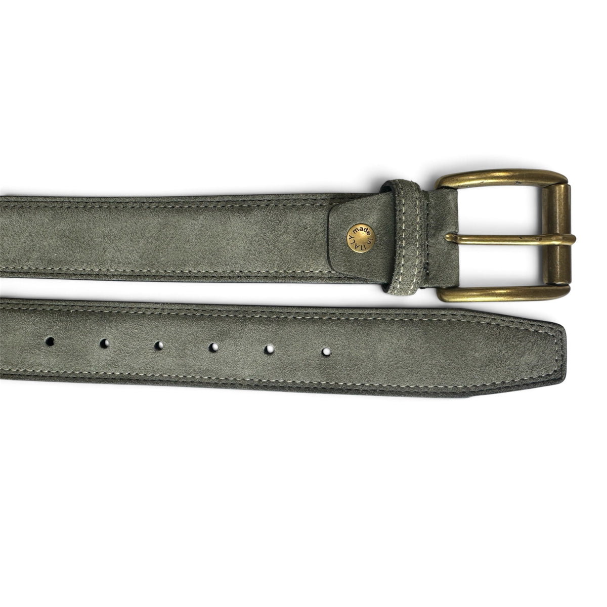 ITALIAN SUEDE BELT – SOFT OLIVE – CONTRAST STITCH – BRASS BUCKLE – 40MM (Copy)